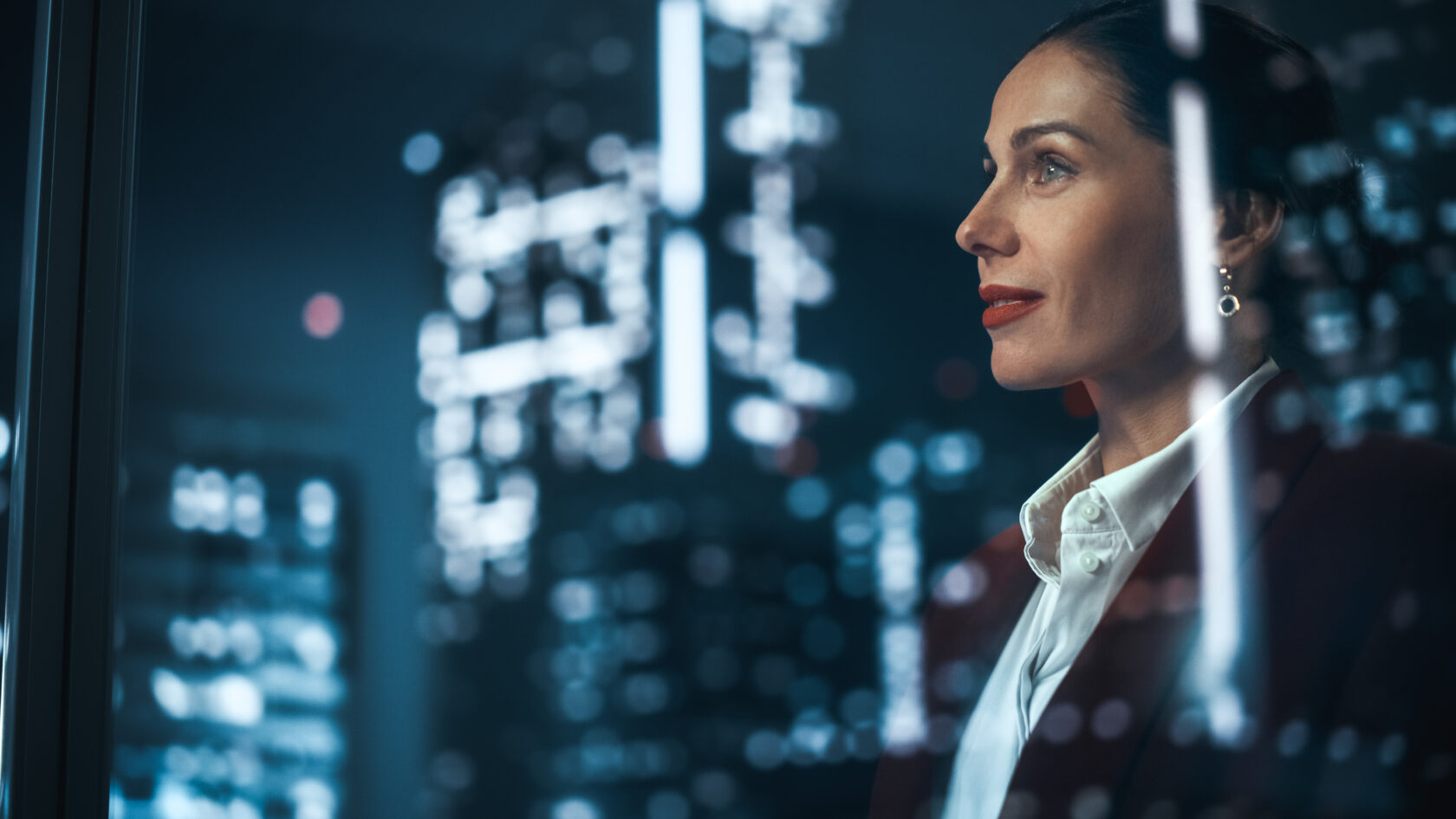 Successful Businesswoman in Stylish Suit Working on Top Floor Of