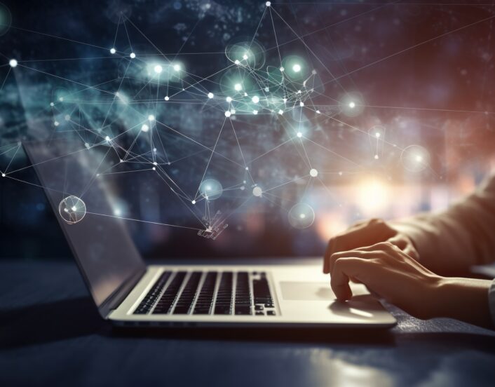 Digital tablet user networks through IoT concept with line and dot connection, featuring internet network connection and digital technology background