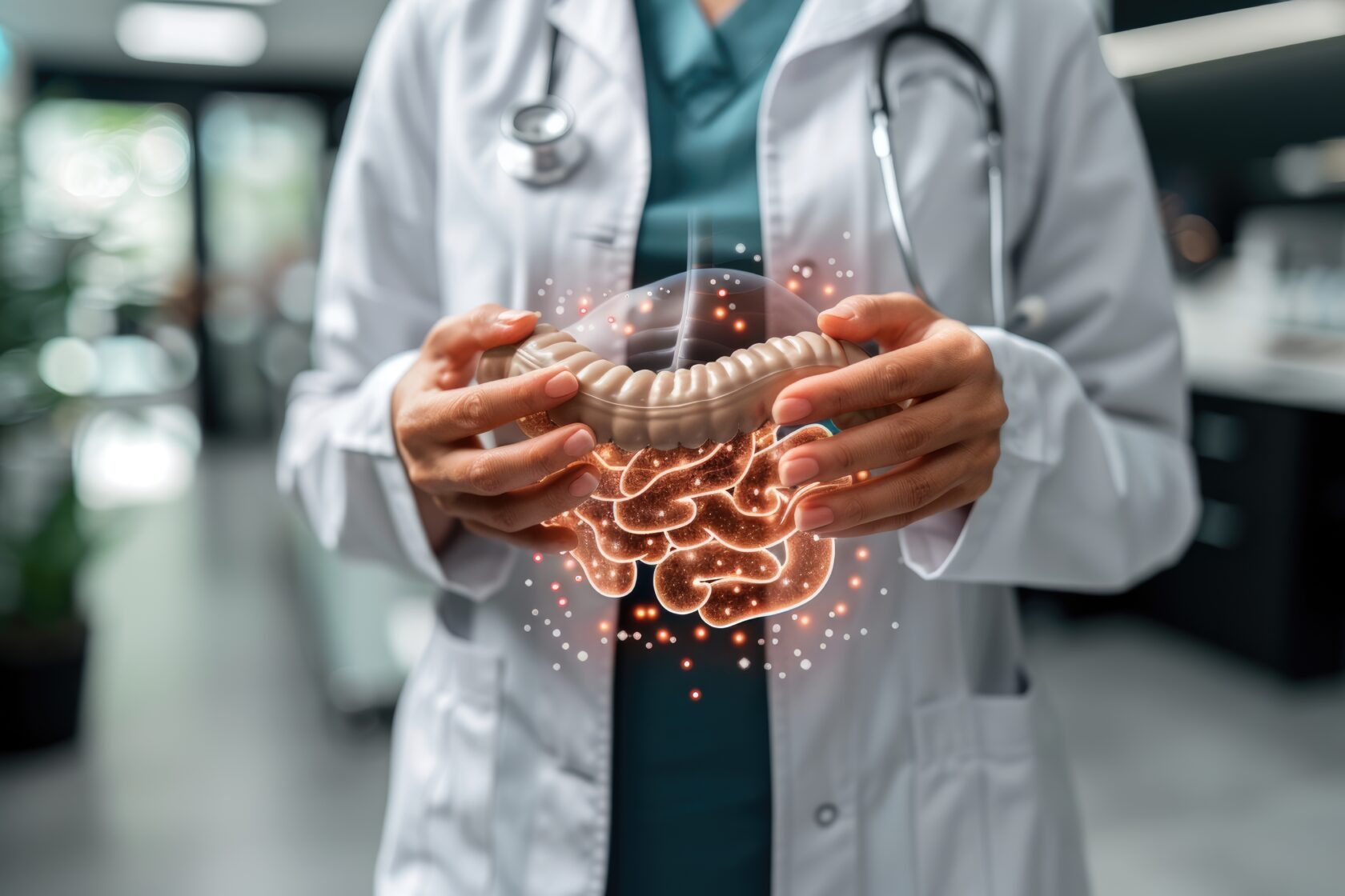 Visual demonstration of digestive tract, intestine, stomach, small colon, duodenum: illustrating issues like disease, pain, and nutrition, emphasizing the importance of gastrointestinal health