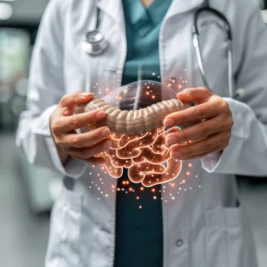 Visual demonstration of digestive tract, intestine, stomach, small colon, duodenum: illustrating issues like disease, pain, and nutrition, emphasizing the importance of gastrointestinal health
