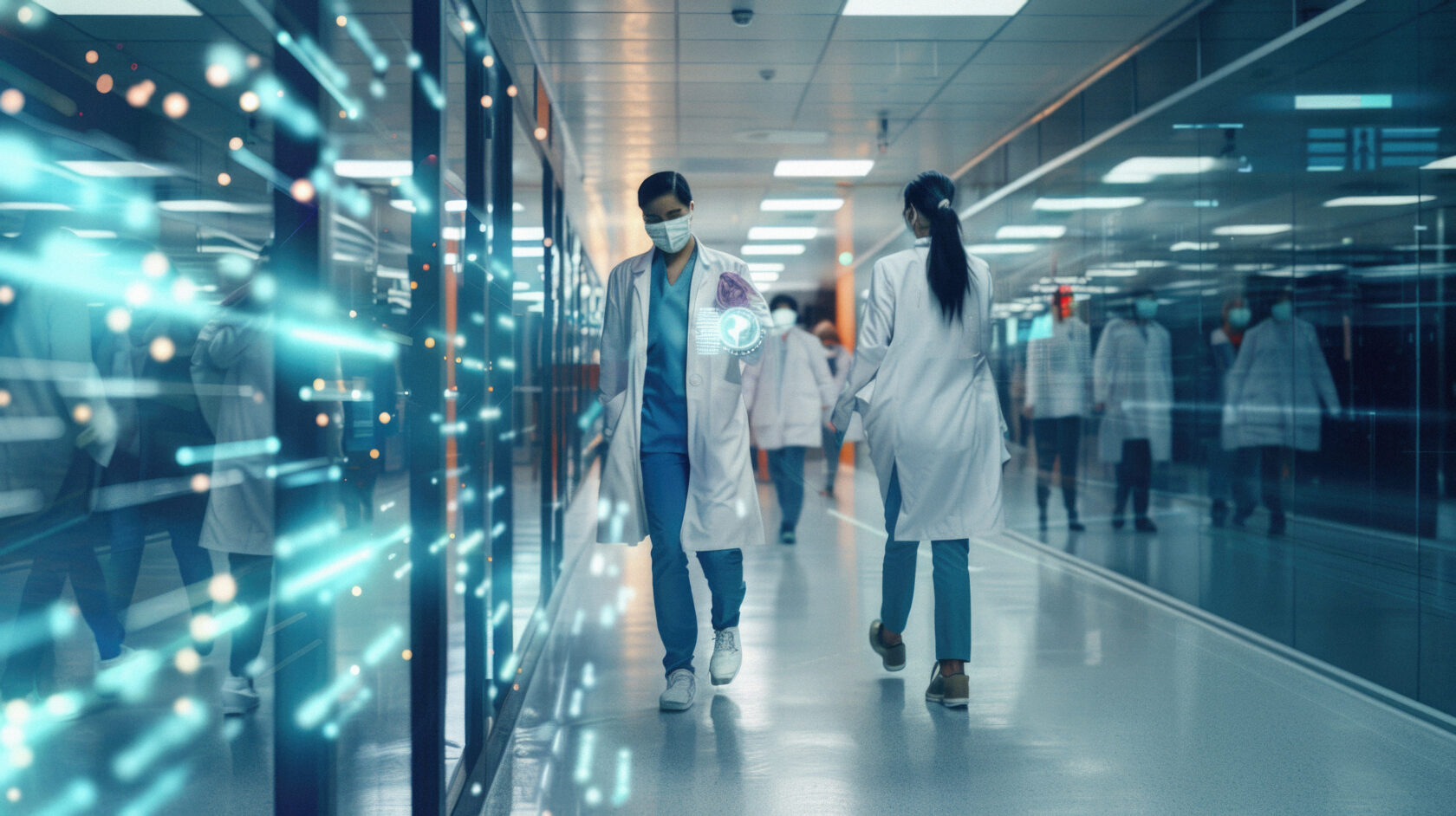 Medical hospital with busy professional staff personnel blurred rush background Medical clinic lobby with doctors walking in hallway Healthcare and medicine concept Double exposure