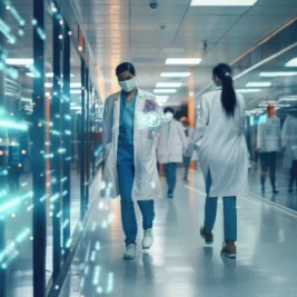 Medical hospital with busy professional staff personnel blurred rush background Medical clinic lobby with doctors walking in hallway Healthcare and medicine concept Double exposure