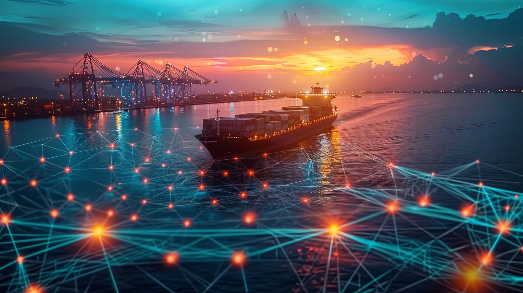 A luminous cargo ship sails through the port at sunset, featuring a stunning digital web overlay that conveys advanced maritime connectivity