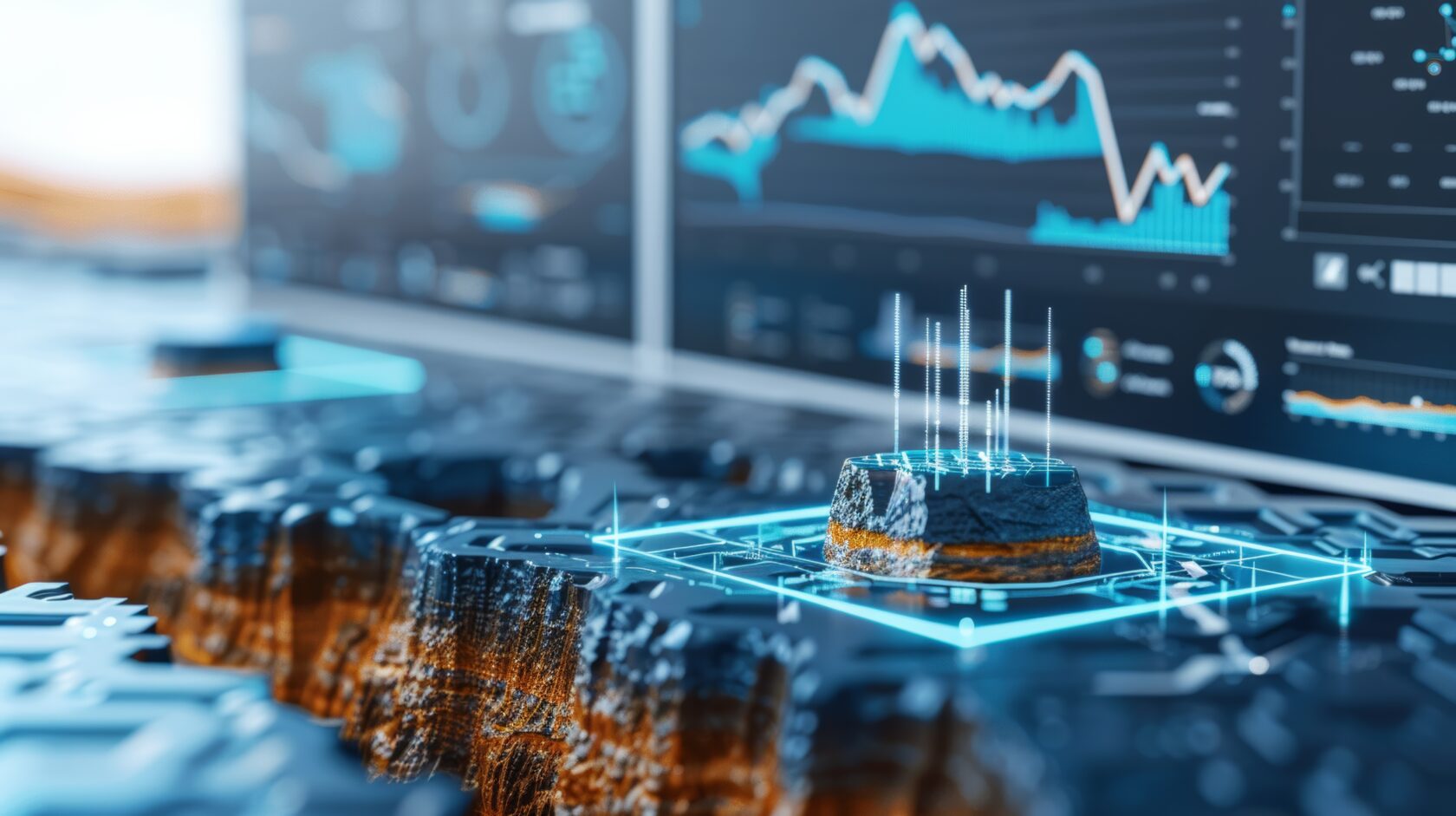 Minimalist illustration of subsurface imaging tech analyzing geology for oil, featuring grey and blue data visualizations, Created with Generative AI