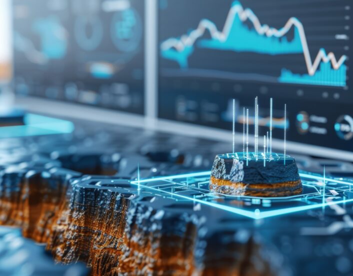 Minimalist illustration of subsurface imaging tech analyzing geology for oil, featuring grey and blue data visualizations, Created with Generative AI