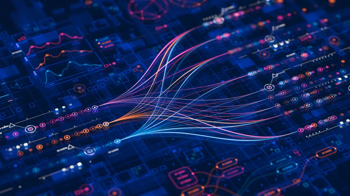 Big data technology Data science analysing artificial intelligence generative AI deep learning machine learning algorithm Neural flow network analytics innovation abstract futuristic d rendering