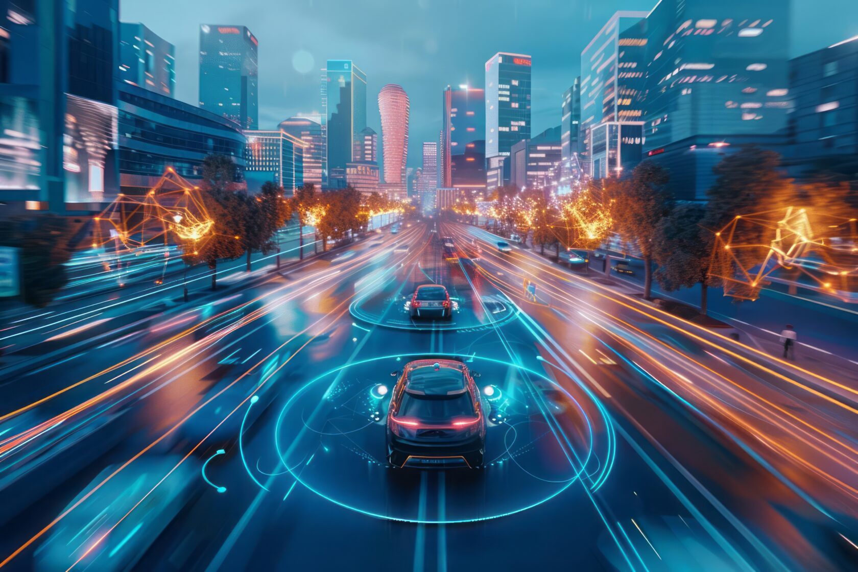 A futuristic cityscape with sleek, driverless cars smoothly navigating the streets, autonomous transportation in urban life