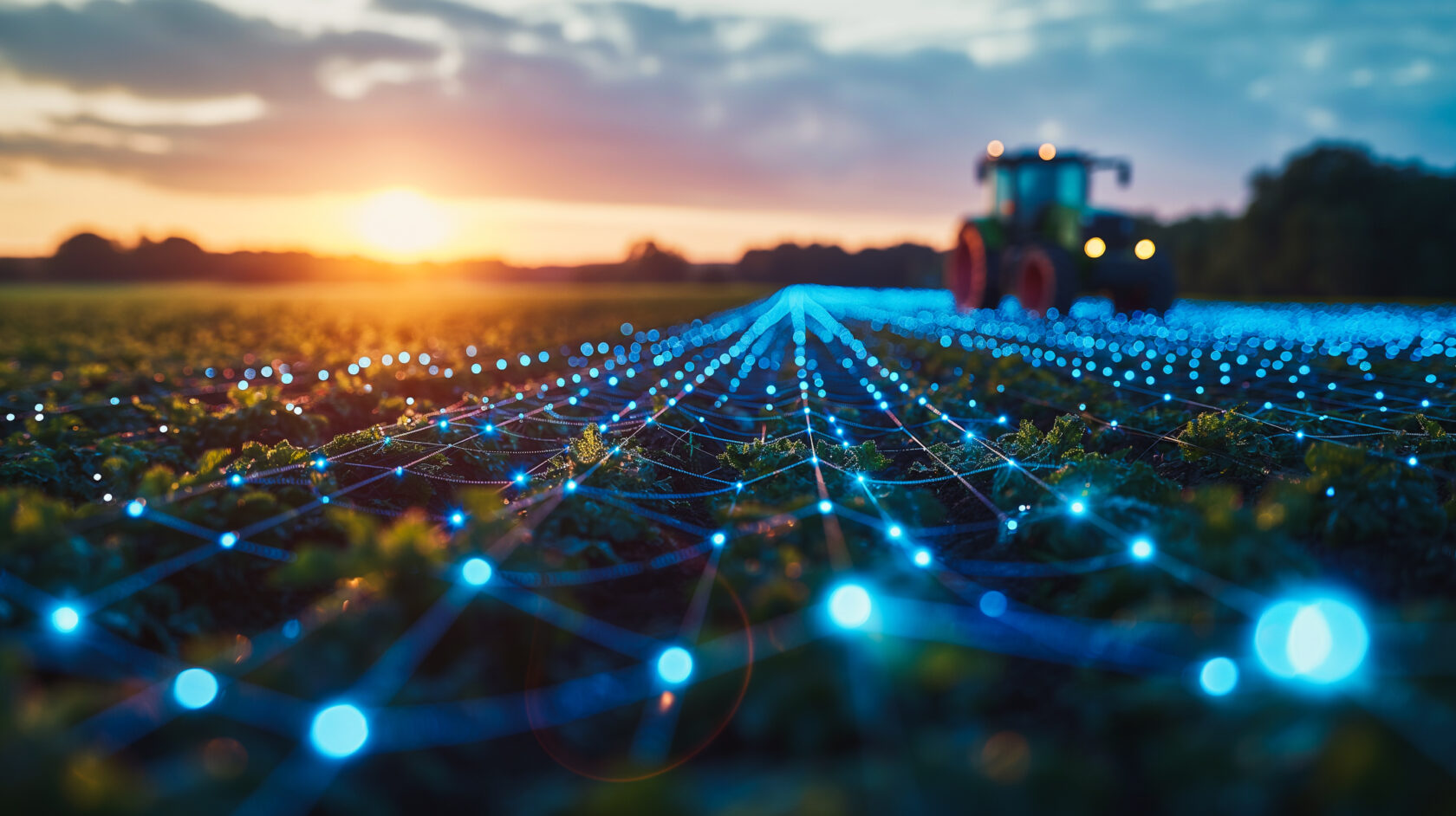 Advanced farm setup with blockchain for supply chain management, data points hovering above crops, perfect for ag tech designs