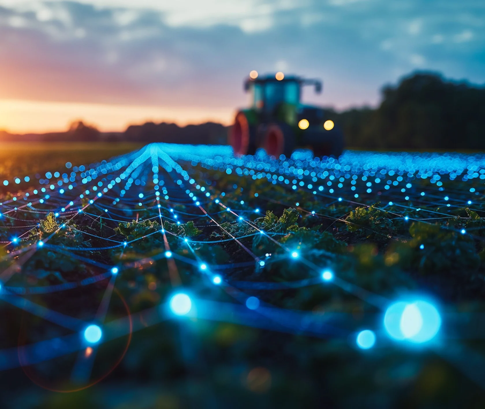 Advanced farm setup with blockchain for supply chain management, data points hovering above crops, perfect for ag tech designs