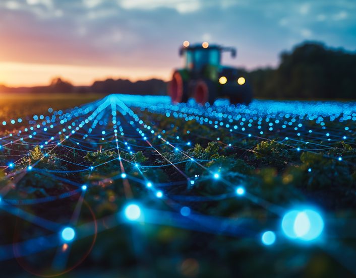 Advanced farm setup with blockchain for supply chain management, data points hovering above crops, perfect for ag tech designs