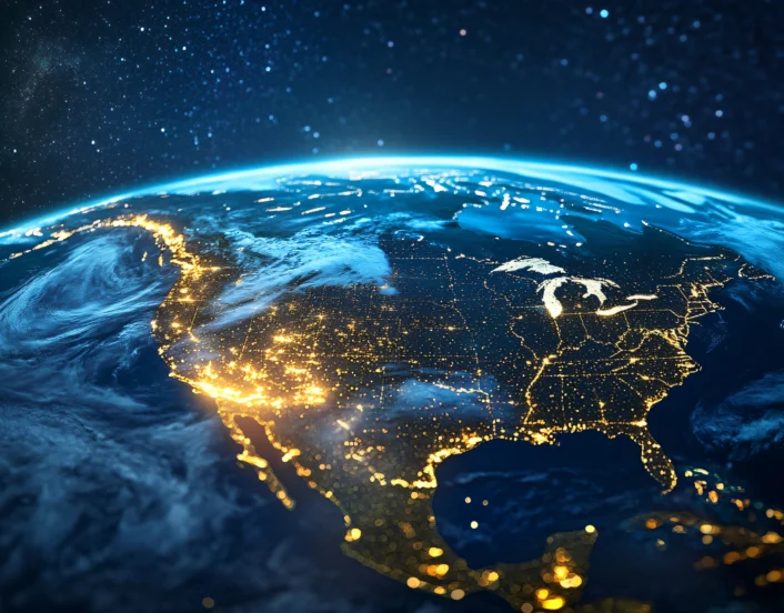 glowing earth from space north america at night with city lights and celestial digital illustration