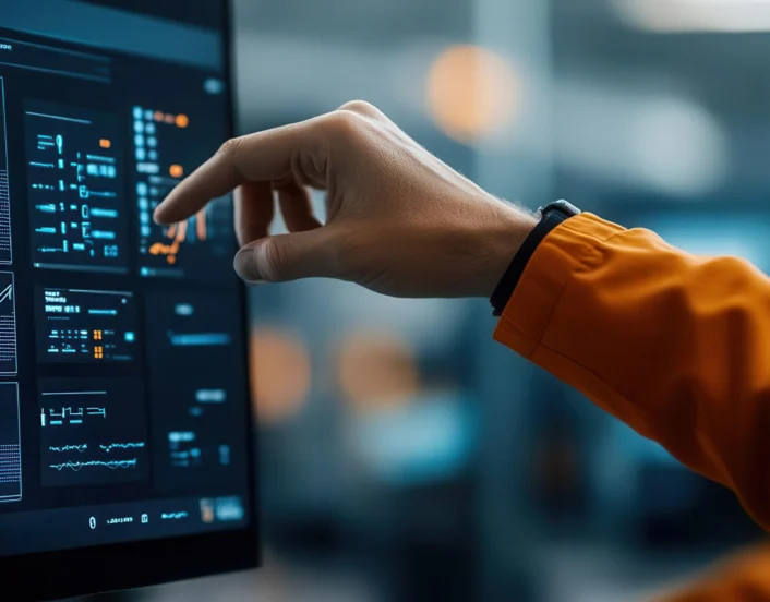 Digital Transformation Supply Chain, A supply chain manager using AI powered insights on a digital interface to optimize inventory and reduce lead times
