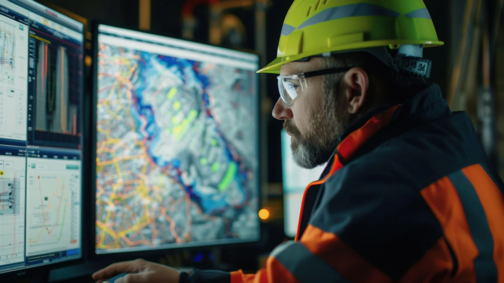 Engineer using computer for geological analysis and mapping Wearing safety helmet and orange hi vis jacket in control room