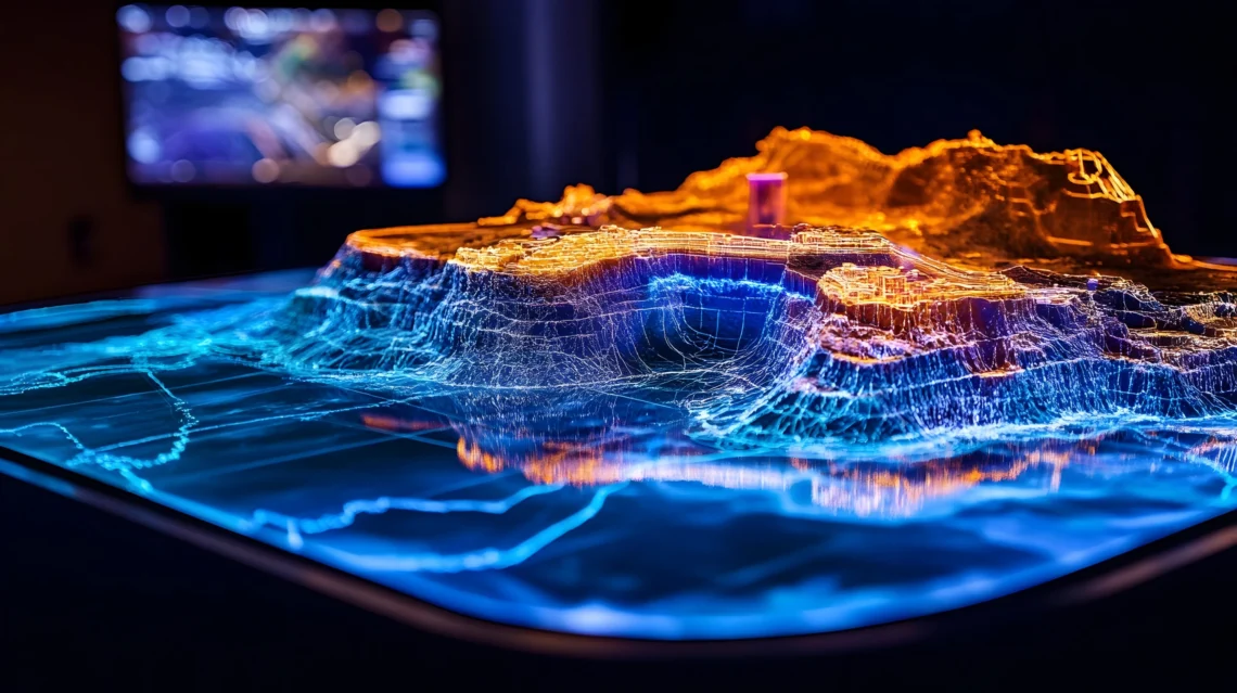 Futuristic D holographic visualization of resource and geophysical data analysis for advanced geological surveying mining and energy discovery