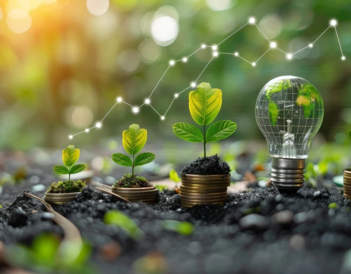 Green energy, eco energy concept Trees growing on coin stacks symbolize green investments A graph with renewable energy icons shows growth, an Earth filled light bulb highlights the global impact