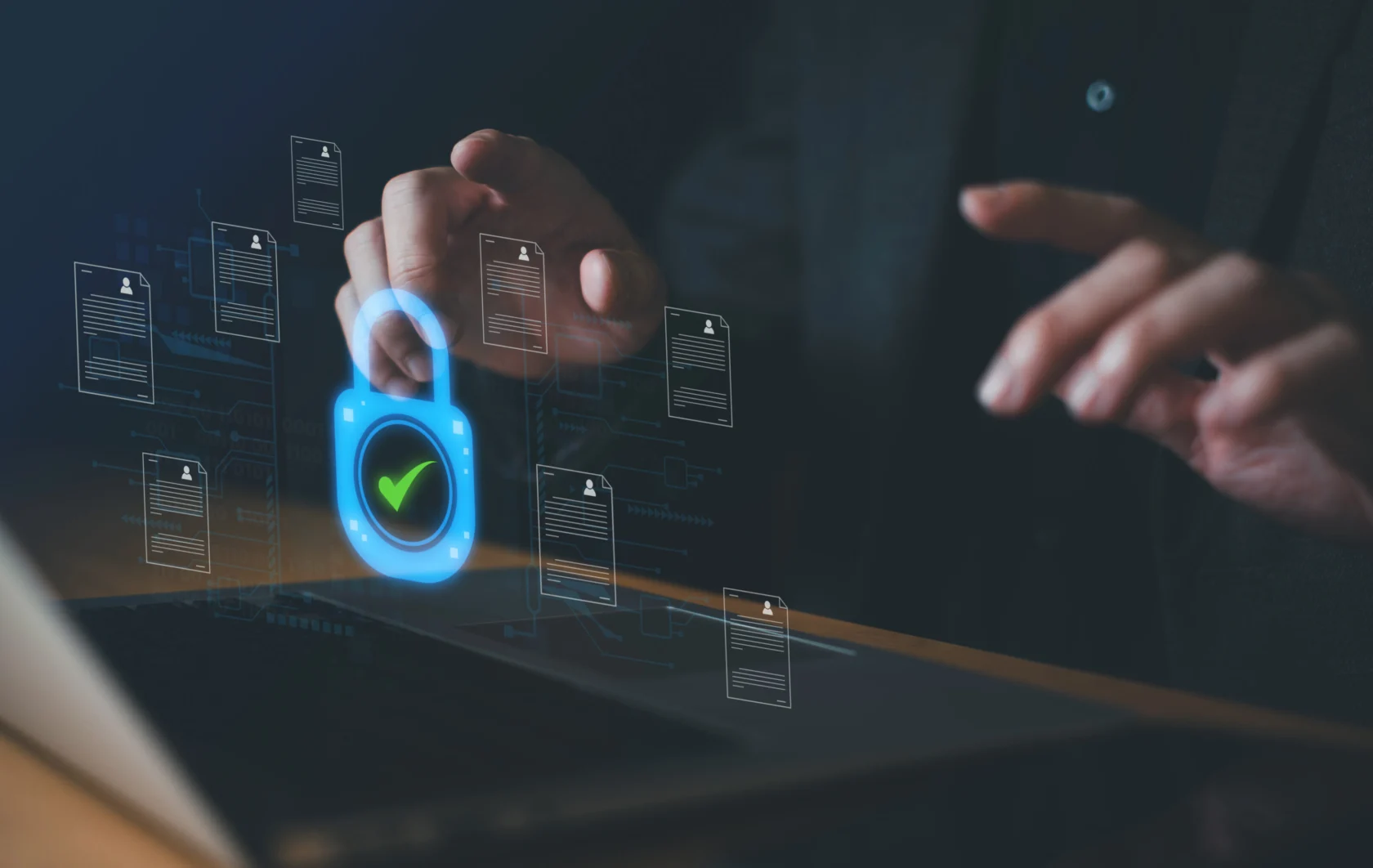 hand using laptop with secure online technology data policy Customer data privacy concept that allow web browser to collect user data to resell or use for marketing purpose