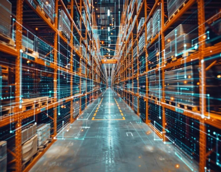 A modern warehouse aisle is illuminated by digital network lines that connect the shelves and pallets