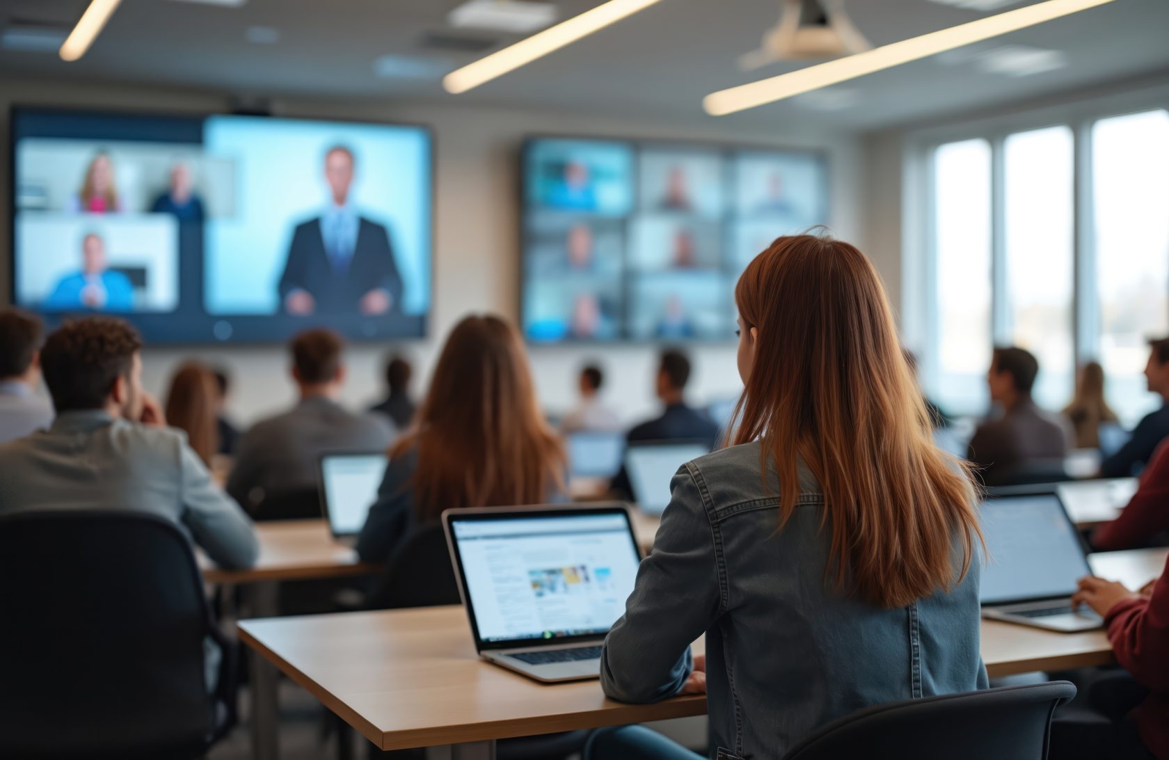 Students attend online lecture in modern classroom Teacher on screen, distance learning Connection, communication, collaboration via internet, laptop Virtual education, hybrid academic seminar,