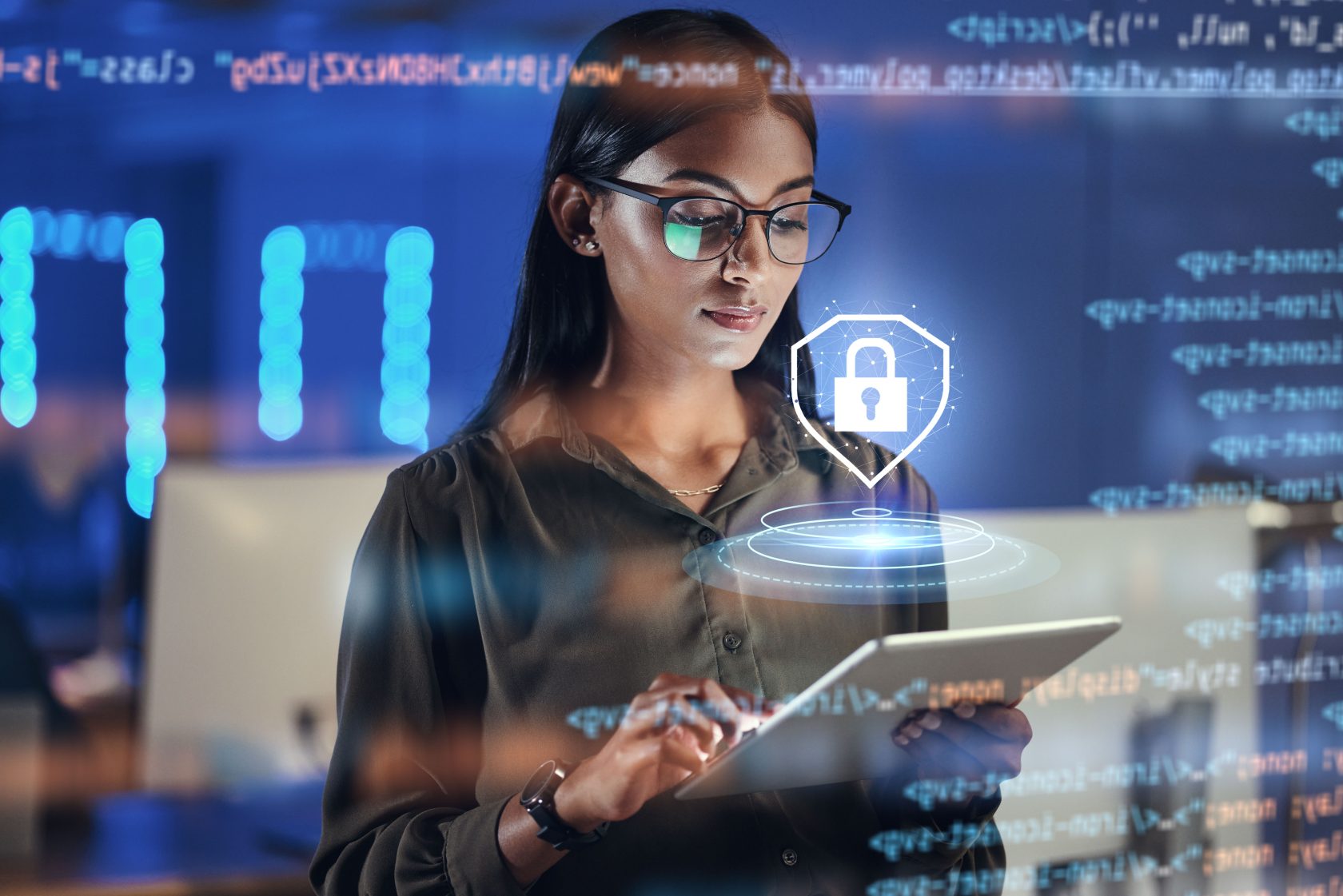 Lock hologram, tablet and woman with data analysis safety, software overlay and cyber security coding at night Html, script and person reading with digital technology, gdpr and networking research