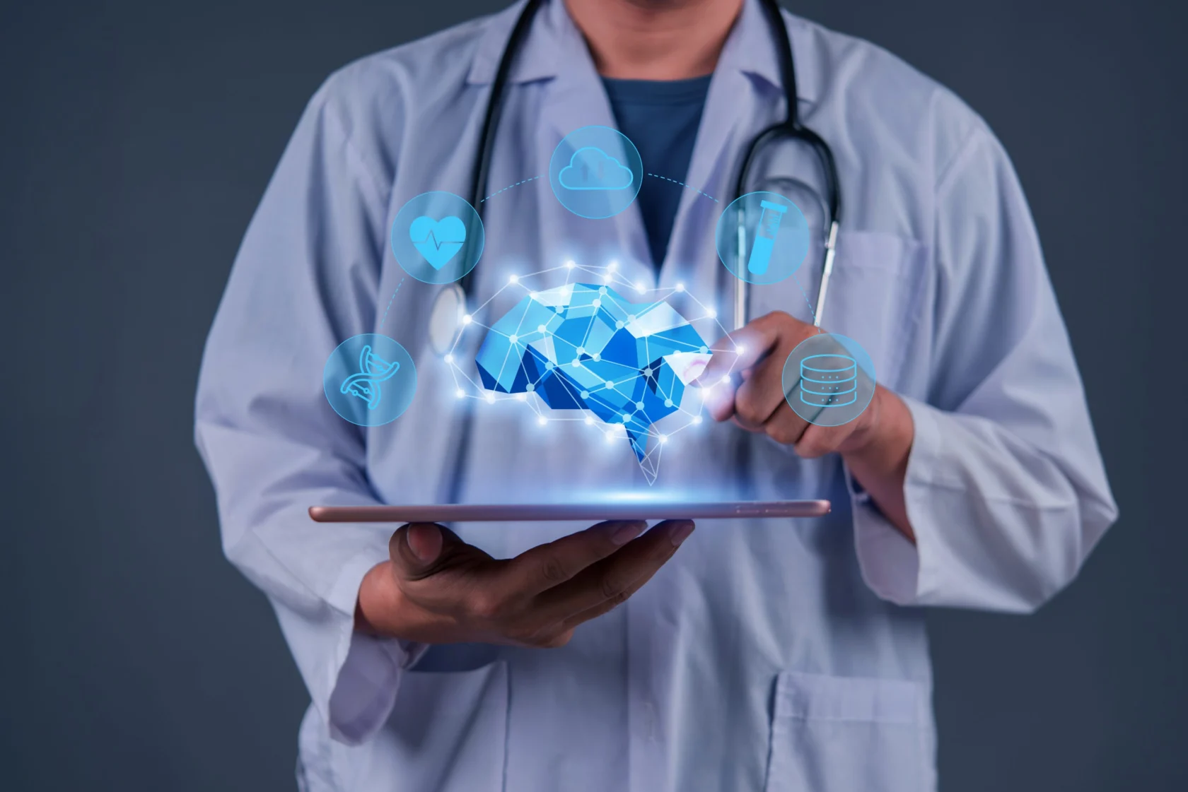 Doctor AI technology in healthcare artificial intelligence medical care, data for diagnostics, treatment, and patient well being integration of machine learning in modern hospitals and clinics