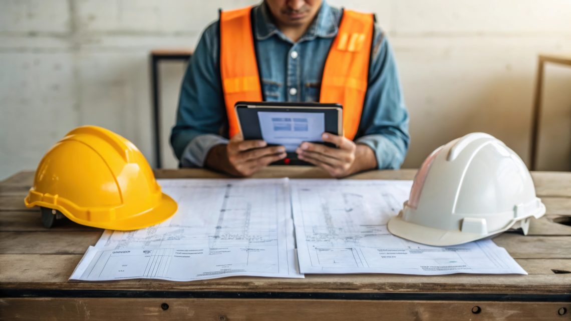 A medium closeup image of a construction supervisor reviewing noise measurement data on a tablet seated at a makeshift table with blueprints and safety helmets showcasing the